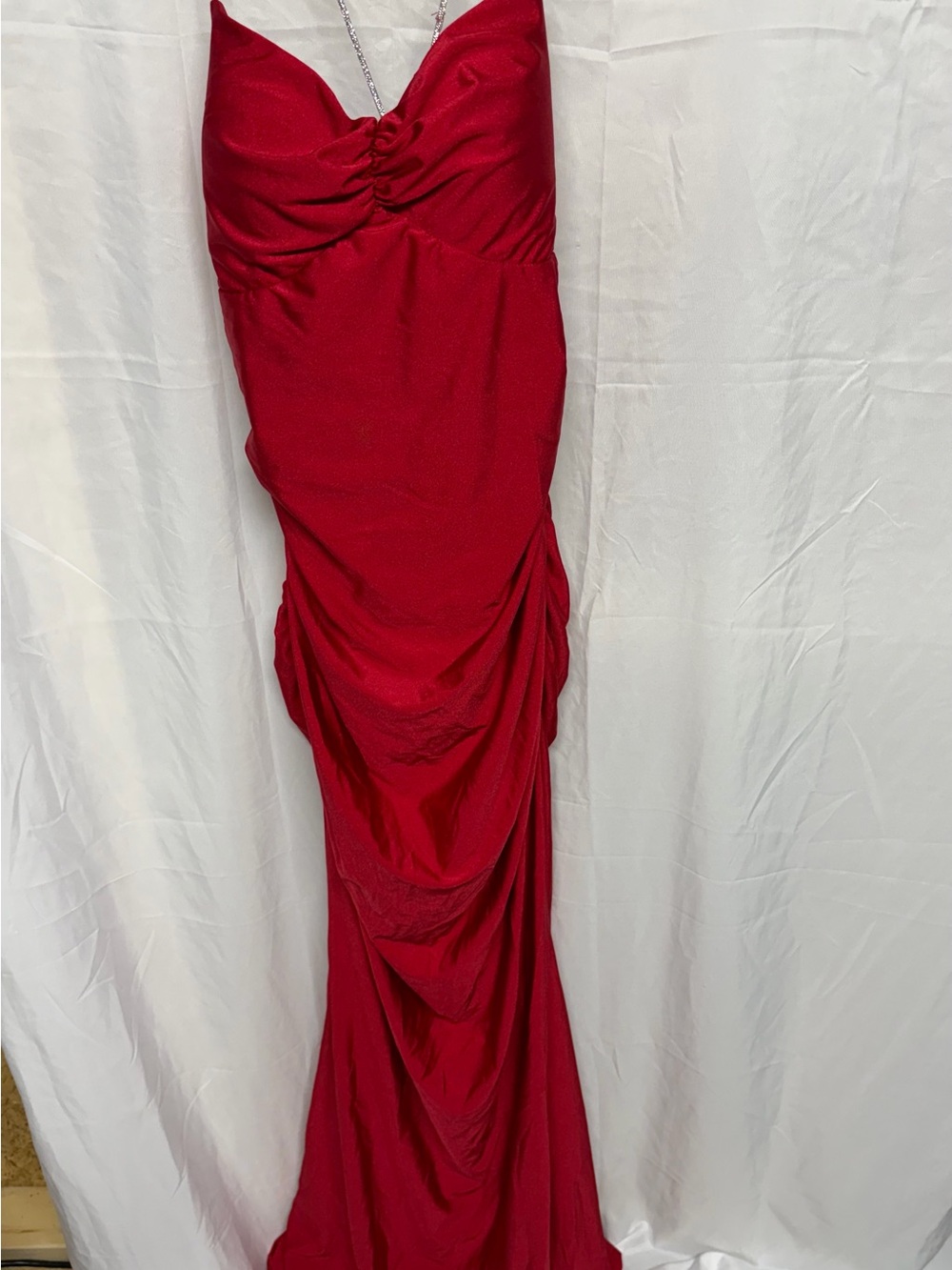 Crystal Doll Red Rhinestone Strap Open Back Ruched Formal Maxi Dress 15 NW